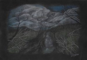 Landscape drawing of stormy clouds over a stream and field with bare trees