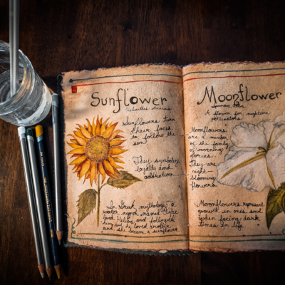 Aged sketchbook with handwritten lore and drawings on a sunflower on left page and a moonflower on right page