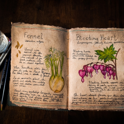 Sketchbook open to handwritten lore and drawings of a greenish-white bulb of fennel with wispy green leaves and brown fennel seeds on left page and an arcing stem of pink heart-shaped Bleeding Heart flowers on right stem.
