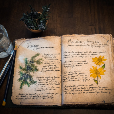 Aged sketchbook open to handwritten lore and drawings of a Juniper sprig with blue-gray berries on left page and bright yellow Mountain Arnica flowers on right page.